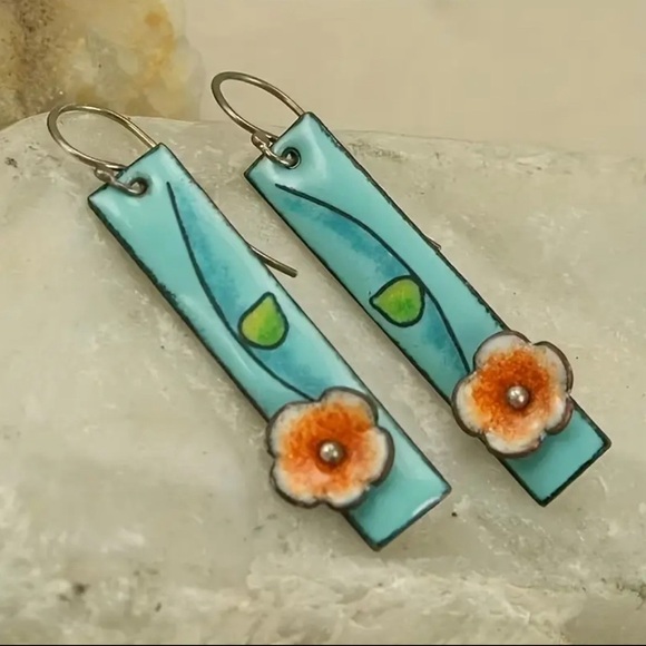 Green and Orange Floral Dangle Earrings - Picture 3 of 3